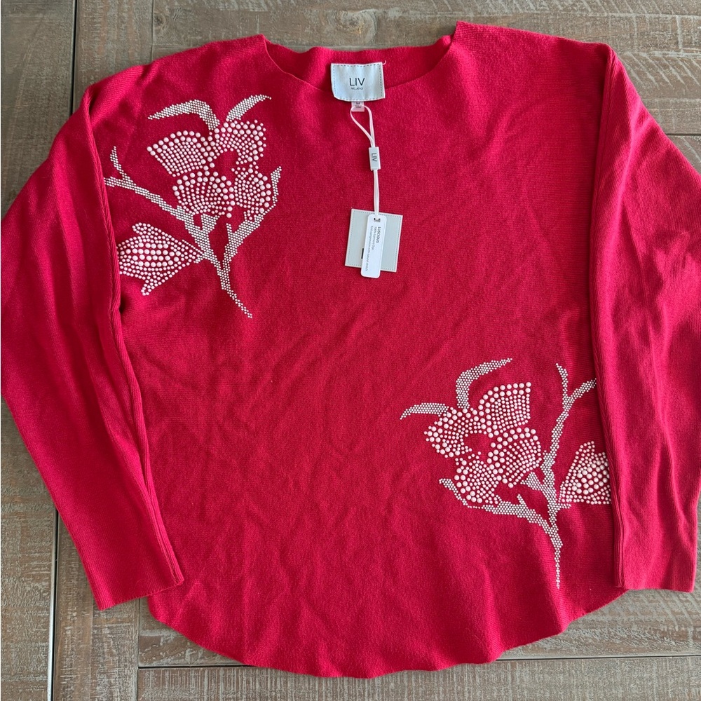 NWT LIV Milano top sweater Red Henna Pearl Accents Sz Med